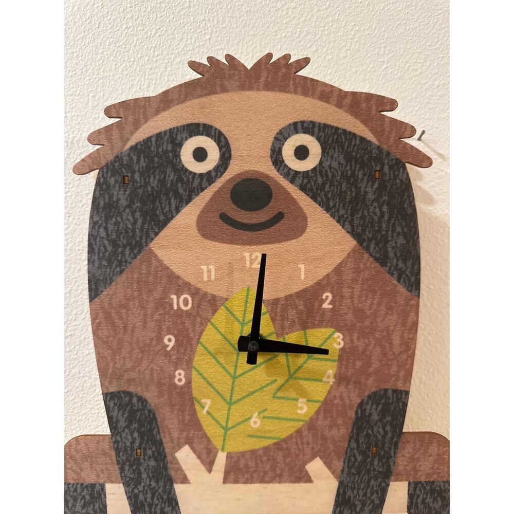 Sloth 3D Wall Clock by Modern Moose with a Leaf Pendulum Baltic Birch Wood